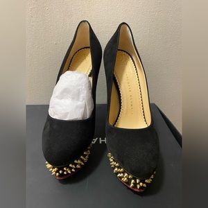 Size 6.5 Charlotte Olympia black suede dolly studded pumps